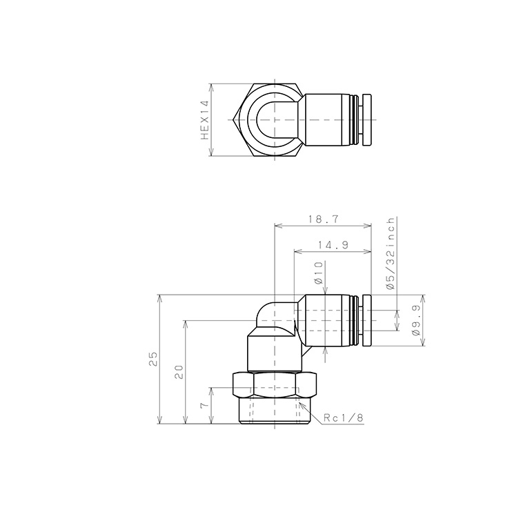 Đầu Nối Nhanh Khí Nén Dạng Cong 90° Ren Trong Pisco PLF5/32-01_drawing