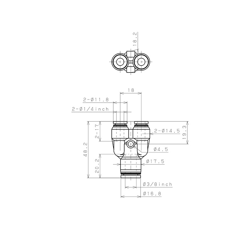 Đầu Nối Nhanh Khí Nén Chữ Y Dạng Nối Giảm Pisco PW3/8-1/4-C_drawing