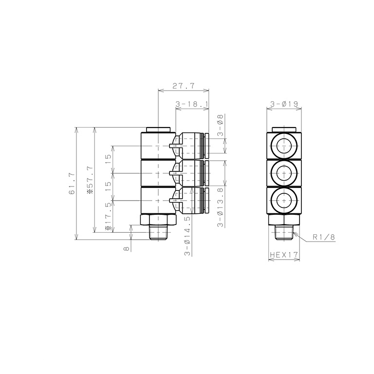 Đầu Nối Nhanh Khí Nén Ba Nhánh Cong 90° Thân Lục Giác Trụ Ren Ngoài Pisco PHT8-01_drawing