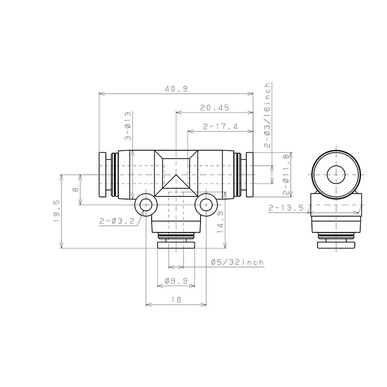 Đầu Nối Nhanh Khí Nén Chữ T Dạng Nối Giảm Pisco PEG3/16-5/32_drawing