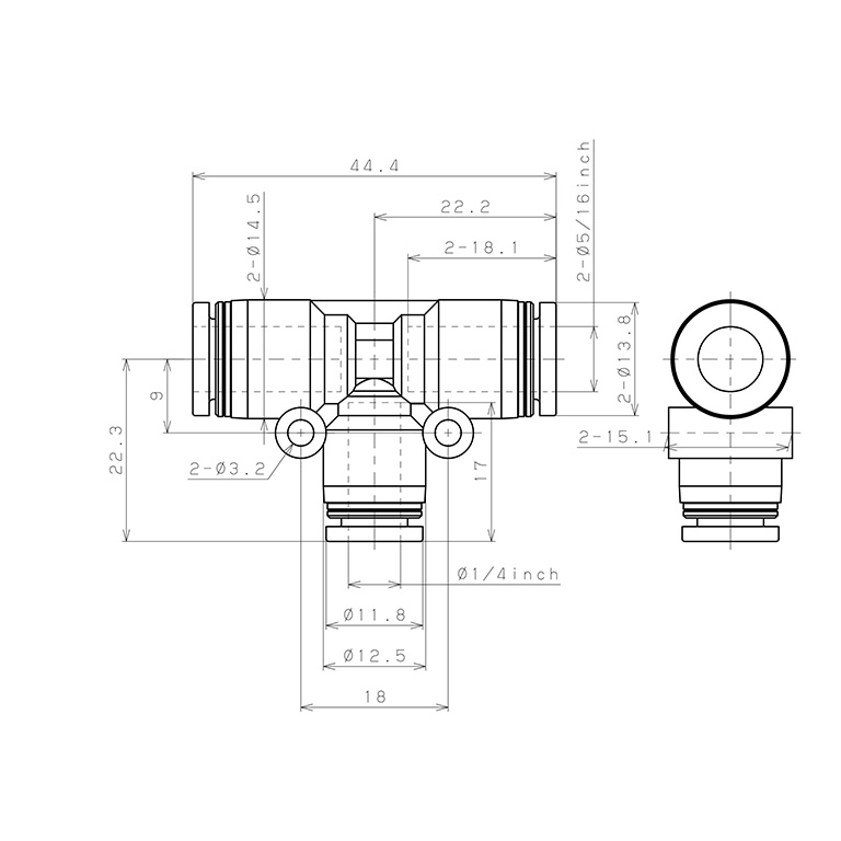 Đầu Nối Nhanh Khí Nén Chữ T Dạng Nối Giảm Pisco PEG5/16-1/4_drawing