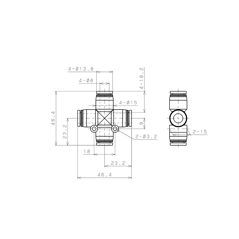 Đầu Nối Nhanh Khí Nén Ngã 4 Pisco PZA8W_drawing