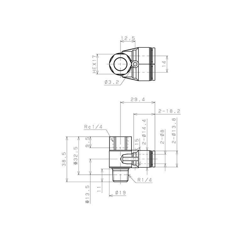 Đầu Nối Nhanh Khí Nén Hai Nhánh Cong 90° Đầu Lục Giác Trụ Ren Đực Cái Pisco PAF8-02_drawing