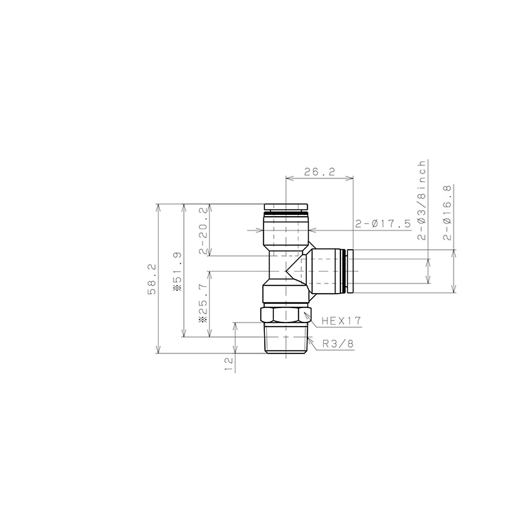 Đầu Nối Nhanh Khí Nén Dạng Chữ T Ren Ngoài Pisco PD3/8-03_drawing