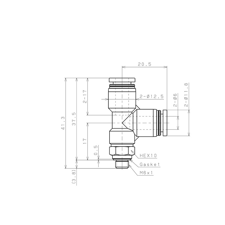 Đầu Nối Nhanh Khí Nén Dạng Chữ T Ren Ngoài Pisco PD6-M6-C_drawing