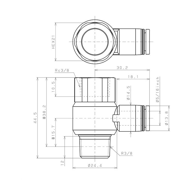 Đầu Nối Nhanh Khí Nén Cong 90° Đầu Lục Giác Trụ Ren Đực Cái Pisco PHF5/16-03_drawing