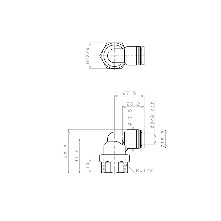 Đầu Nối Nhanh Khí Nén Dạng Cong 90° Ren Trong Pisco PLF3/8-04_drawing