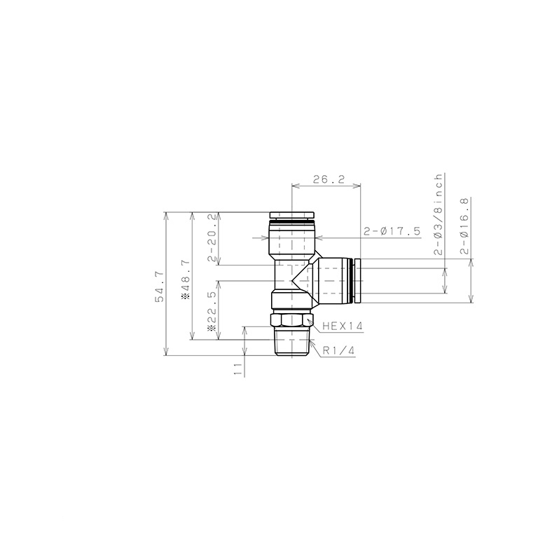 Đầu Nối Nhanh Khí Nén Dạng Chữ T Ren Ngoài Pisco PD3/8-02_drawing