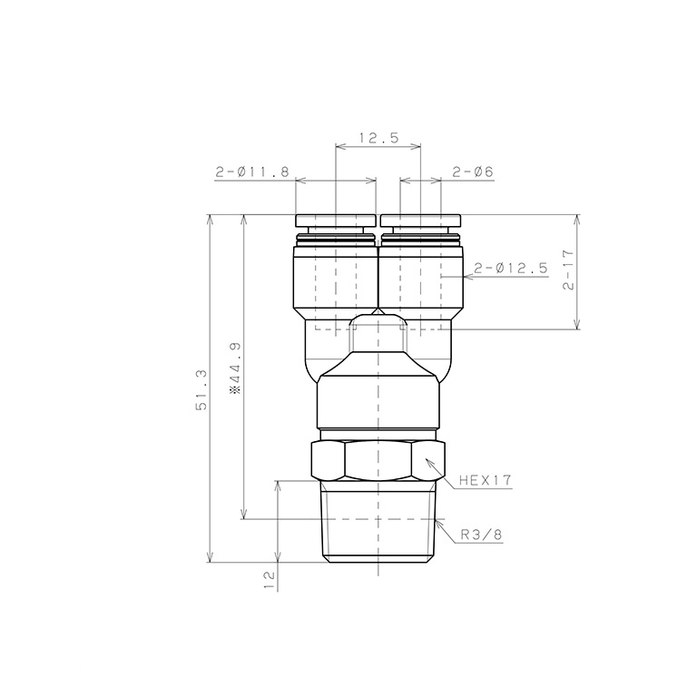 Đầu Nối Nhanh Khí Nén Dạng Chữ Y Ren Ngoài Pisco PX6-03_drawing