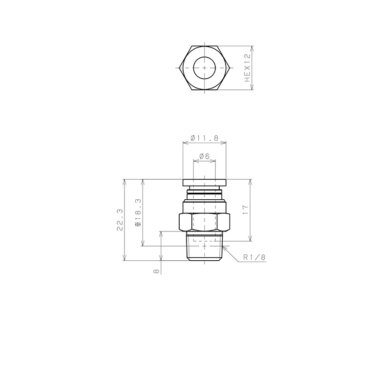 Đầu Nối Nhanh Khí Nén Dạng Thẳng Thân Lục Giác Ren Ngoài Pisco PC6-01-UC_drawing