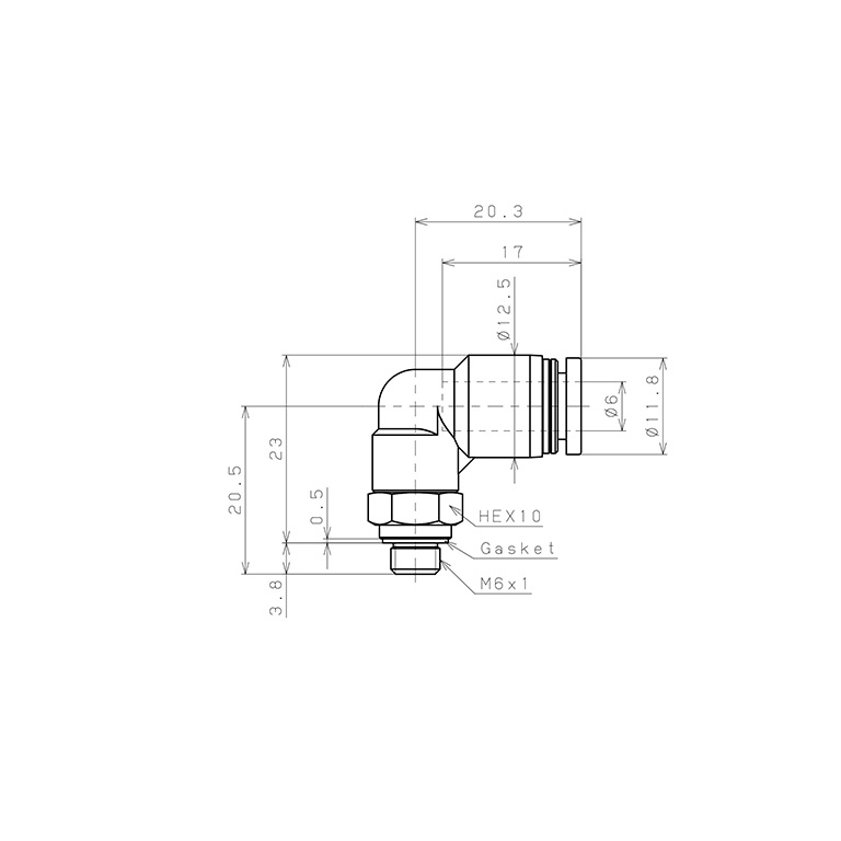 Đầu Nối Nhanh Khí Nén Dạng Cong 90° Ren Ngoài Pisco PL6-M6-C_drawing