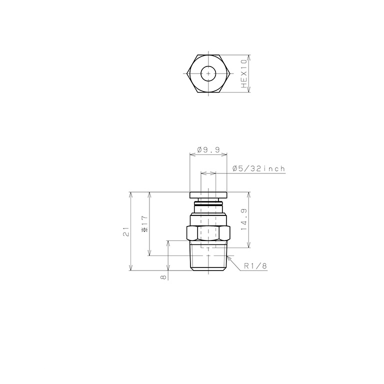 Đầu Nối Nhanh Khí Nén Dạng Thẳng Thân Lục Giác Ren Ngoài Pisco PC5/32-01_drawing