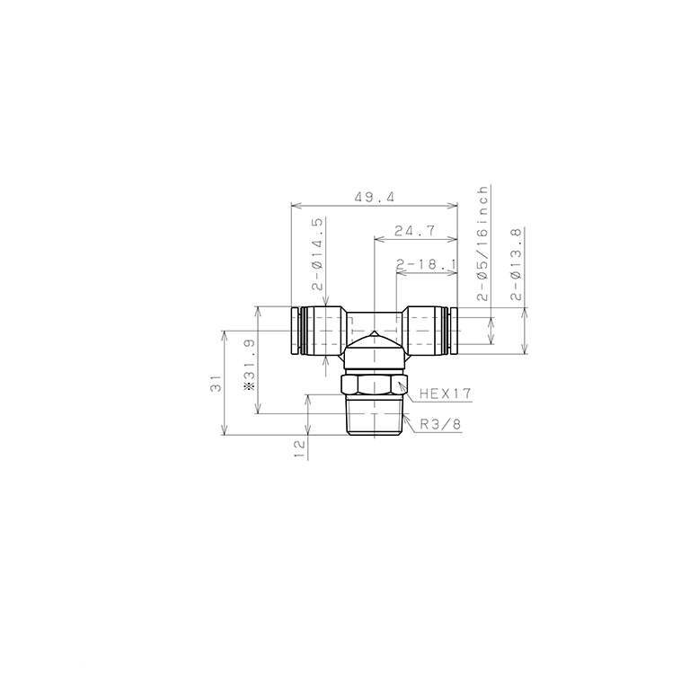 Đầu Nối Nhanh Khí Nén Dạng Chữ T Ren Ngoài Pisco PB5/16-03_drawing