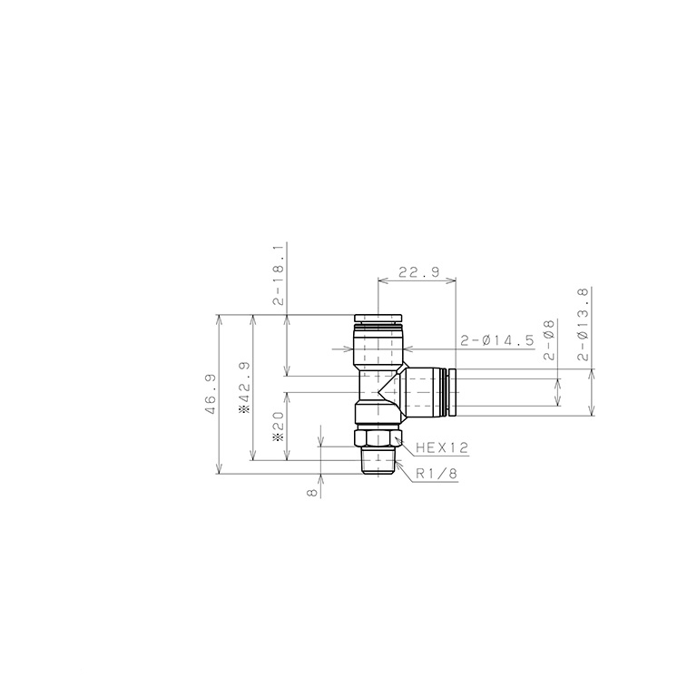 Đầu Nối Nhanh Khí Nén Dạng Chữ T Ren Ngoài Pisco PD8-01-C_drawing