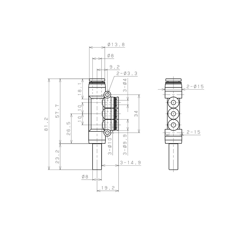 Đầu Nối Nhanh Khí Nén Giữa Ống Khí Và Fitting Bốn Nhánh Dạng Chữ T Pisco PKJ8-4W_drawing