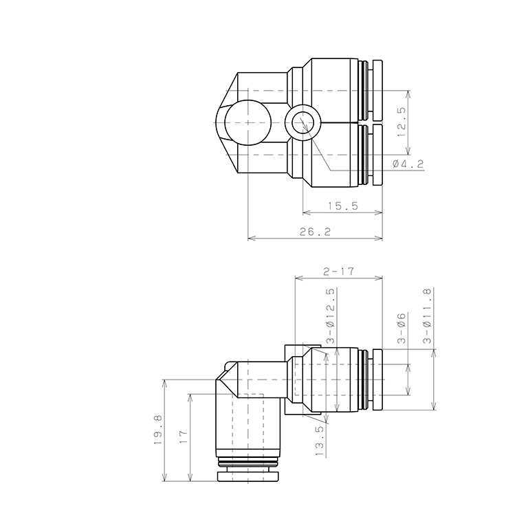 Đầu Nối Nhanh Khí Nén Ba Ngã Cong 90° Pisco PAU6_drawing