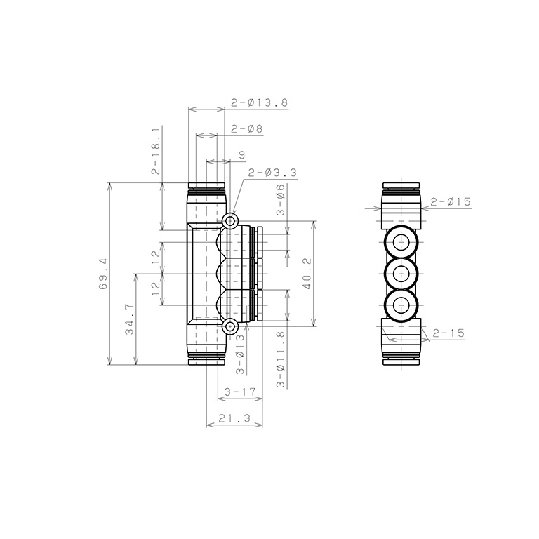 Đầu Nối Nhanh Khí Nén Chữ T 5 Ngã Dạng Nối Giảm Pisco PKG8-6-C_drawing