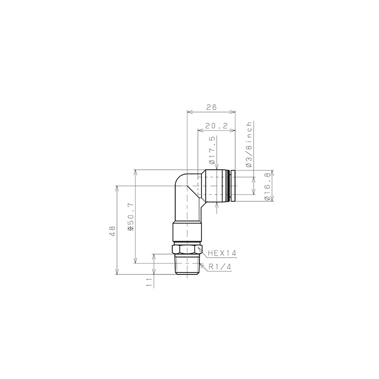 Đầu Nối Nhanh Khí Nén Dạng Cong 90° Ren Ngoài (Dài) Pisco PLL3/8-02_drawing