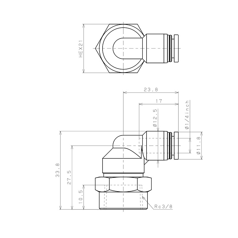 Đầu Nối Nhanh Khí Nén Dạng Cong 90° Ren Trong Pisco PLF1/4-03_drawing