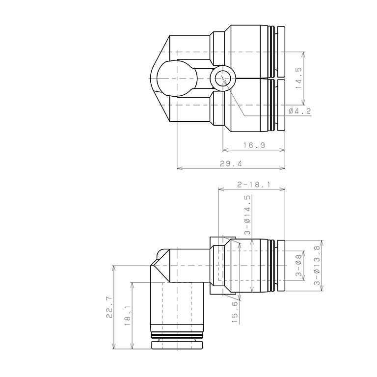 Đầu Nối Nhanh Khí Nén Ba Ngã Cong 90° Pisco PAU8W_drawing