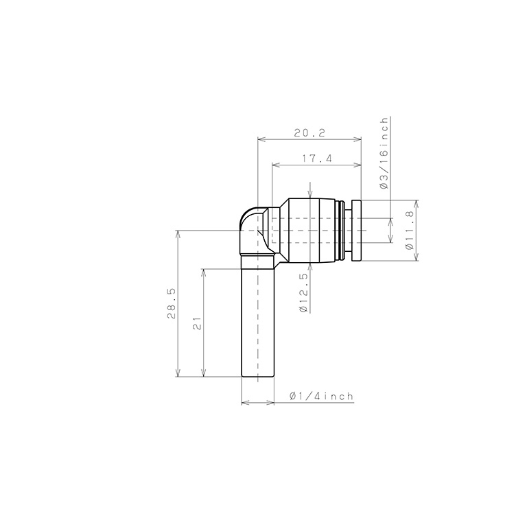 Đầu Nối Nhanh Khí Nén Giữa Ống Khí Và Fitting Dạng Nối Giảm Cong 90° Pisco PLGJ1/4-3/16_drawing