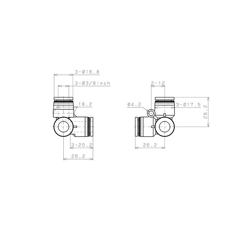 Đầu Nối Nhanh Khí Nén Chạc Ba 90° Pisco PVU3/8-C_drawing