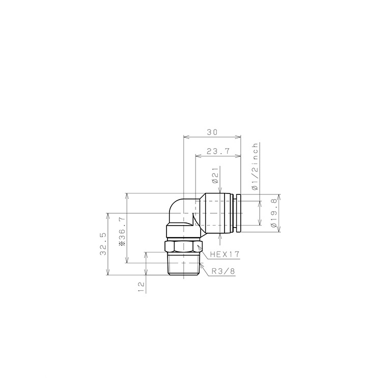 Đầu Nối Nhanh Khí Nén Dạng Cong 90° Ren Ngoài Pisco PL1/2-03-C_drawing