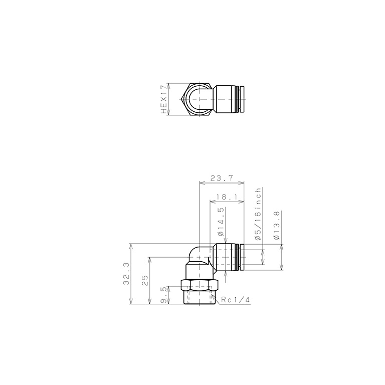 Đầu Nối Nhanh Khí Nén Dạng Cong 90° Ren Trong Pisco PLF5/16-02_drawing