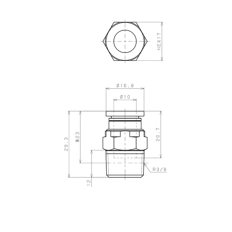 Đầu Nối Nhanh Khí Nén Dạng Thẳng Thân Lục Giác Ren Ngoài Pisco PC10-03-C_drawing