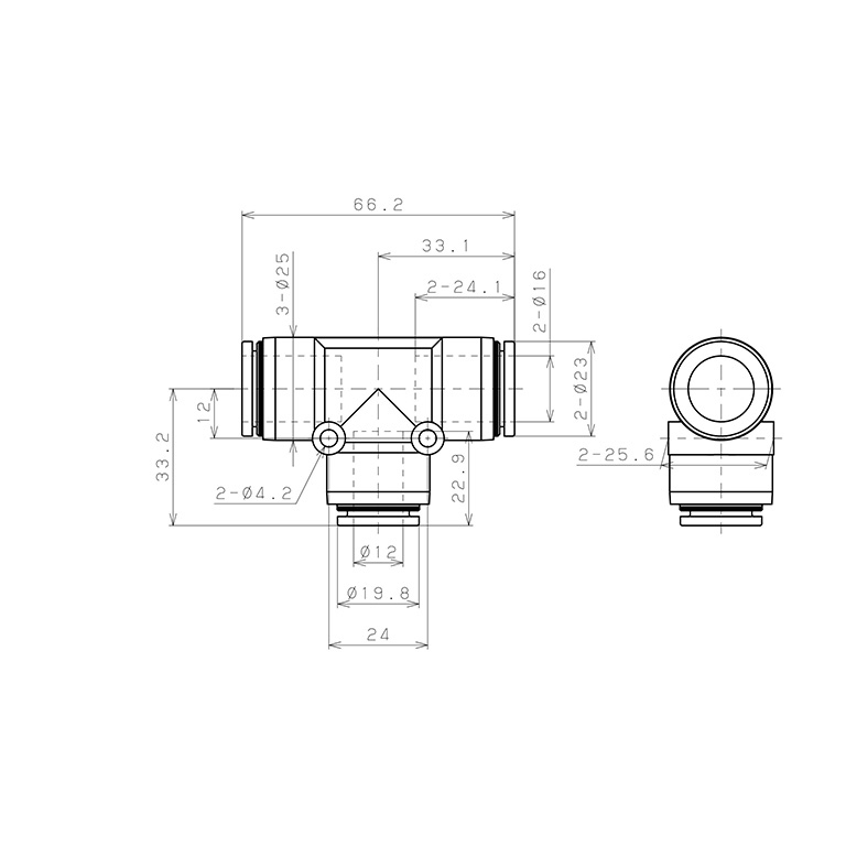 Đầu Nối Nhanh Khí Nén Chữ T Dạng Nối Giảm Pisco PEG16-12W-C_drawing