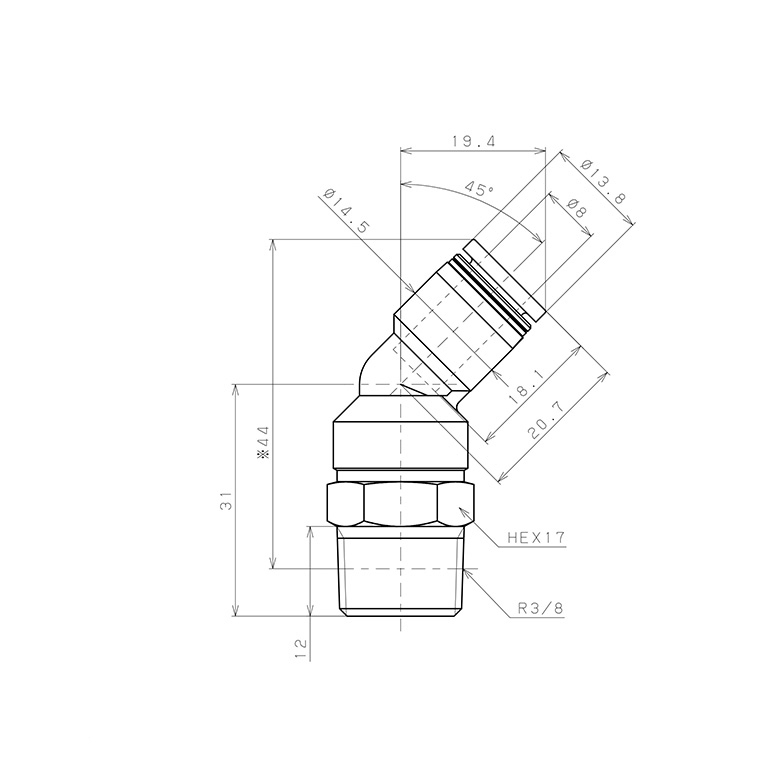 Đầu Nối Nhanh Khí Nén Dạng Cong 45° Ren Ngoài Pisco PLH8-03_drawing