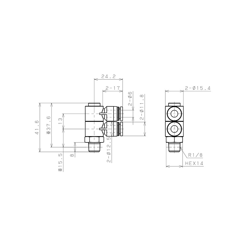 Đầu Nối Nhanh Khí Nén Hai Nhánh Cong 90° Thân Lục Giác Trụ Ren Ngoài Pisco PHW6-01_drawing