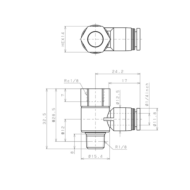 Đầu Nối Nhanh Khí Nén Cong 90° Đầu Lục Giác Trụ Ren Đực Cái Pisco PHF1/4-01_drawing