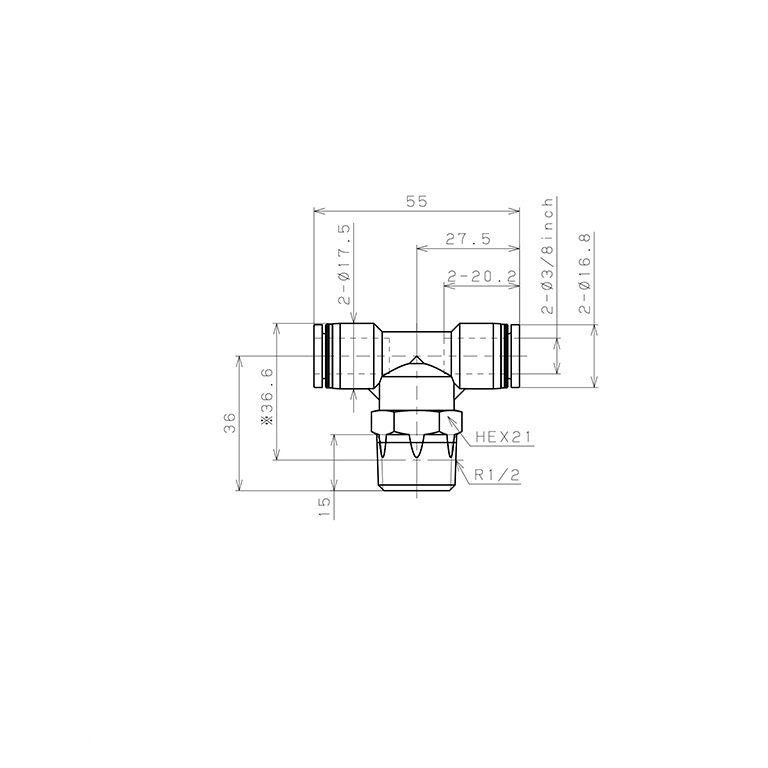 Đầu Nối Nhanh Khí Nén Dạng Chữ T Ren Ngoài Pisco PB3/8-04-C_drawing