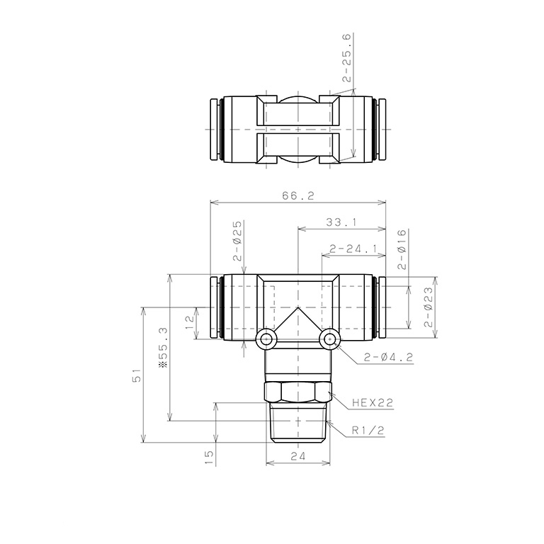 Đầu Nối Nhanh Khí Nén Dạng Chữ T Ren Ngoài Pisco PB16-04W-C_drawing