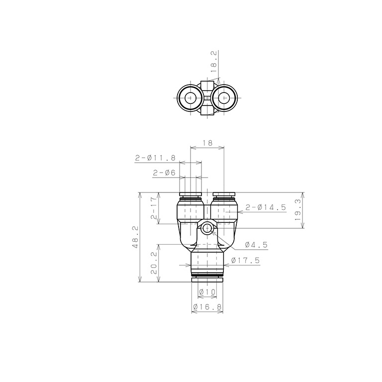 Đầu Nối Nhanh Khí Nén Chữ Y Dạng Nối Giảm Pisco PW10-6_drawing