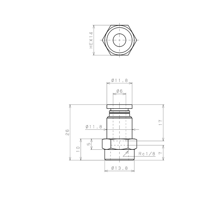 Đầu Nối Nhanh Khí Nén Dạng Thẳng Ren Trong Pisco PCF6-01W_drawing