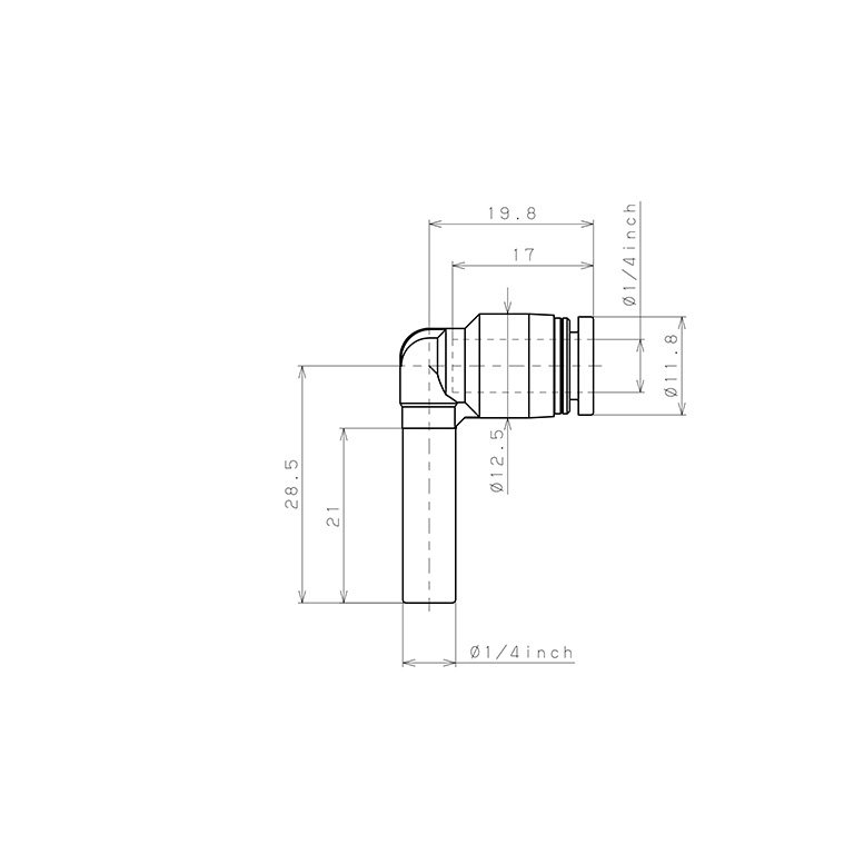Đầu Nối Nhanh Khí Nén Giữa Ống Khí Và Fitting Dạng Cong 90° Pisco PLJ1/4-C_drawing