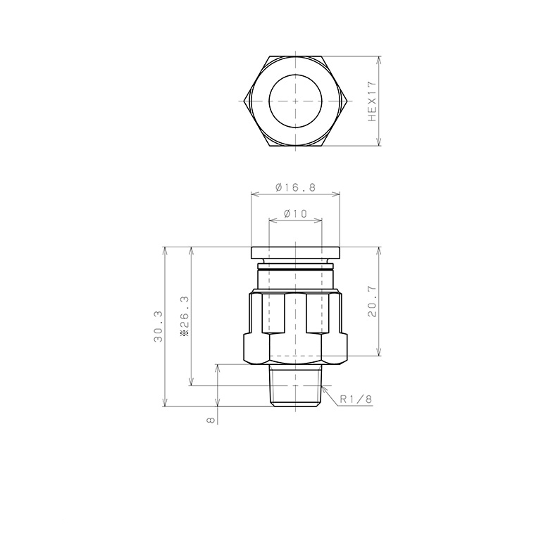 Đầu Nối Nhanh Khí Nén Dạng Thẳng Thân Lục Giác Ren Ngoài Pisco PC10-01-UC_drawing