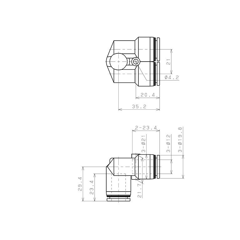 Đầu Nối Nhanh Khí Nén Ba Ngã Cong 90° Pisco PAU12W_drawing