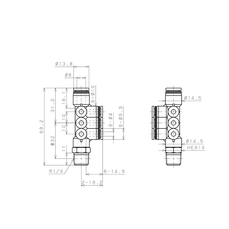 Đầu Nối Nhanh Khí Nén Dạng Chữ T Sáu Nhánh Ren Ngoài Pisco PKVD8-4-02_drawing