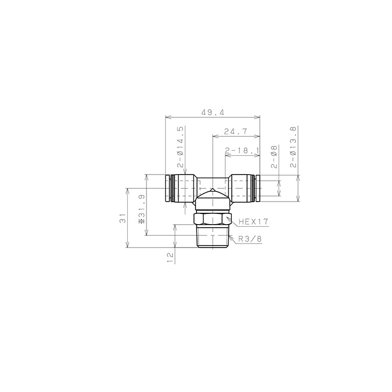 Đầu Nối Nhanh Khí Nén Dạng Chữ T Ren Ngoài Pisco PB8-03_drawing