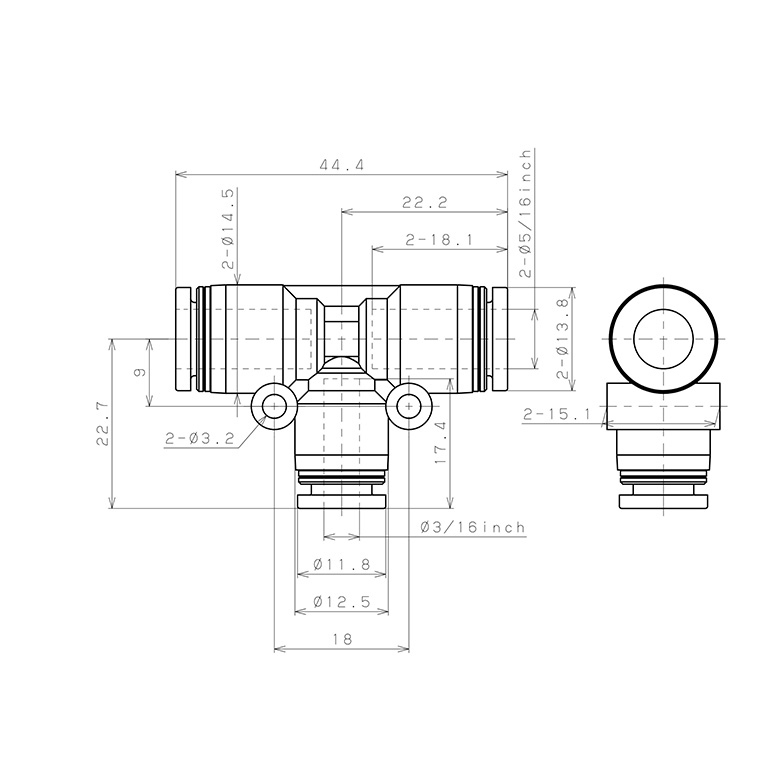 Đầu Nối Nhanh Khí Nén Chữ T Dạng Nối Giảm Pisco PEG5/16-3/16_drawing