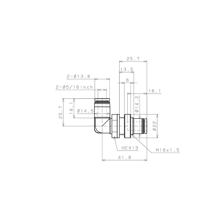 Đầu Nối Nhanh Khí Nén Cong 90° Ren Ngoài Lắp Kẹp Vách Pisco PML5/16_drawing