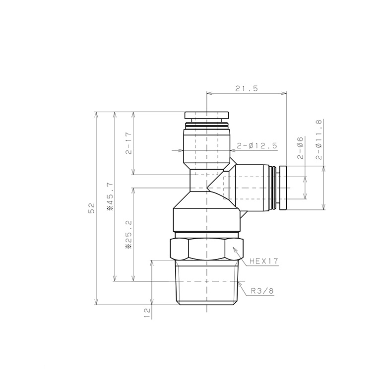 Đầu Nối Nhanh Khí Nén Dạng Chữ T Ren Ngoài Pisco PD6-03W_drawing