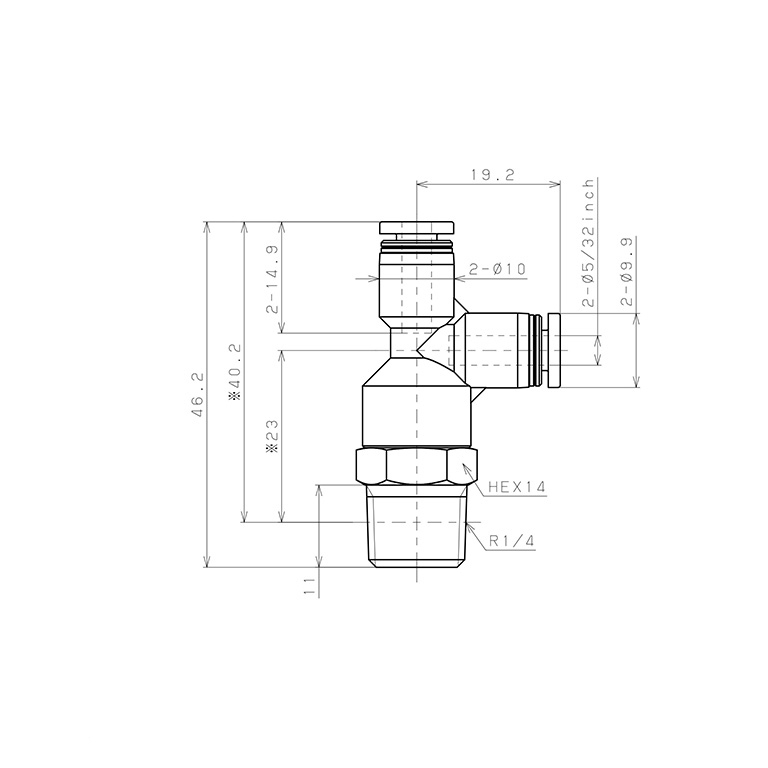 Đầu Nối Nhanh Khí Nén Dạng Chữ T Ren Ngoài Pisco PD5/32-02-C_drawing