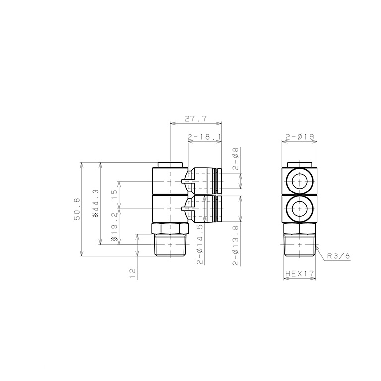 Đầu Nối Nhanh Khí Nén Hai Nhánh Cong 90° Thân Lục Giác Trụ Ren Ngoài Pisco PHW8-03_drawing