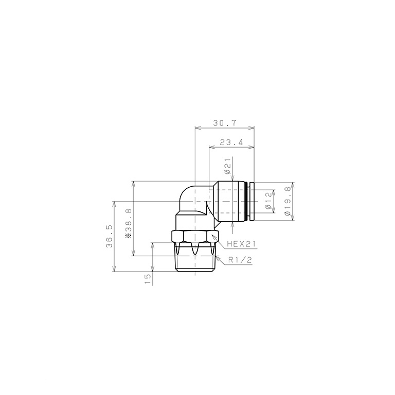 Đầu Nối Nhanh Khí Nén Dạng Cong 90° Ren Ngoài Pisco PL12-04-C_drawing