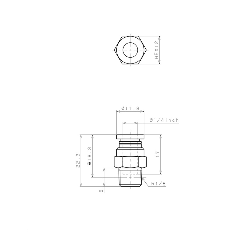 Đầu Nối Nhanh Khí Nén Dạng Thẳng Thân Lục Giác Ren Ngoài Pisco PC1/4-01_drawing