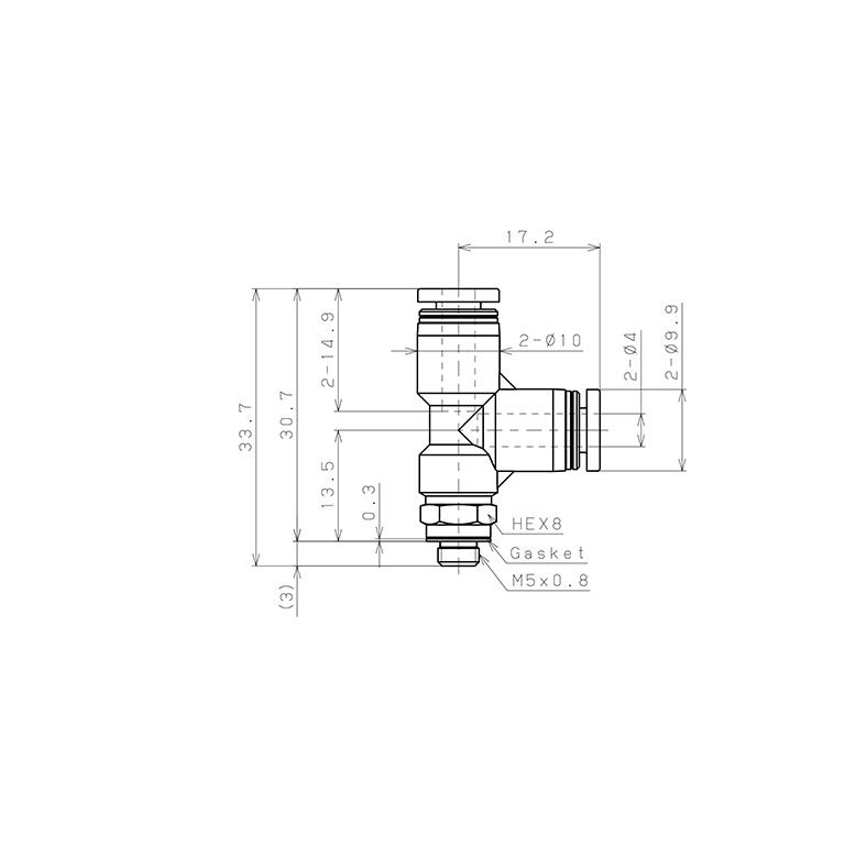 Đầu Nối Nhanh Khí Nén Dạng Chữ T Ren Ngoài Pisco PD4-M5-C_drawing
